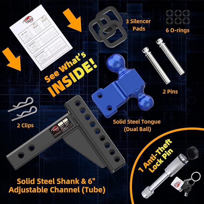 Adjustable Trailer Hitch -Drop Hitch (Fits 2-Inch Receiver) -6" Drop/Rise Tow Hitch, 2" & 2-5/16" Ball Hitches for Trucks -21,500 GTW Hitch Ball Mount with Anti-Theft Locking Hitch Pins