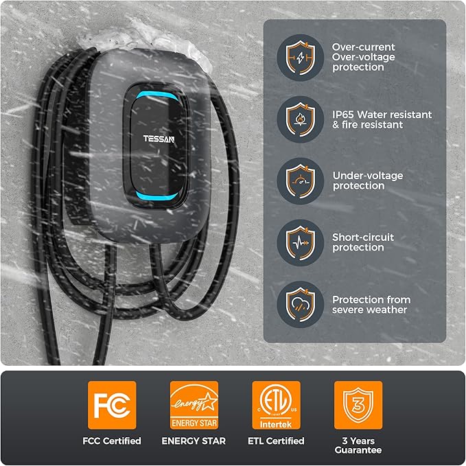 EV Charger Level 2, TESSAN 40A/240V Electric Vehicle Fast Charging Station for Home, Electric Car Charger Equipment 25ft Cable with Holder for Indoor, Outdoor, NEMA 14-50 Plug