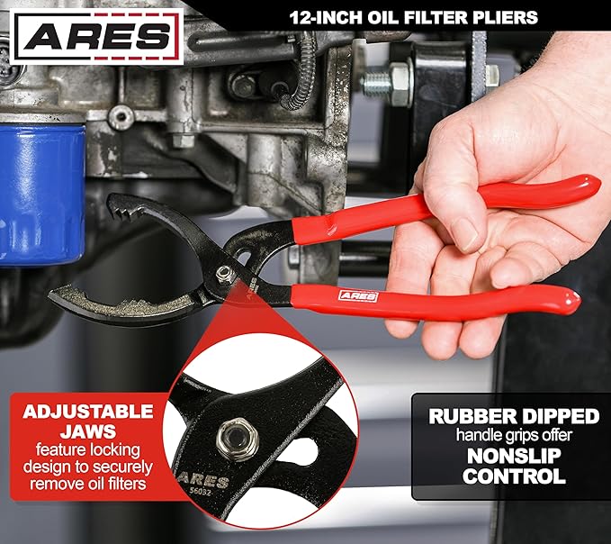 ARES 56032- Locking Jaw Oil Filter Pliers - 2 1/2-Inch to 4 1/2-Inch Jaw Opening - 12-Inch Adjustable Oil Filter Wrench Features Long Handles with Nonslip Grips and Locking Jaw Design