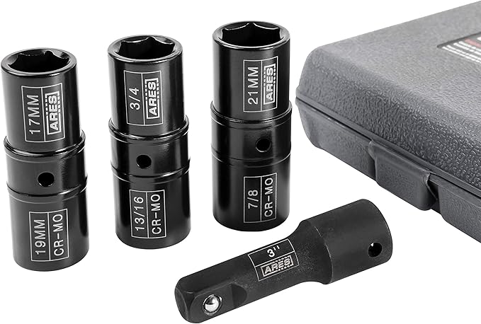 ARES 70056-1/2-inch Drive 4-Piece Flip Lug Nut Socket Set - Includes 17mm, 19mm, 21mm Metric Sizes & 3/4-Inch,13/16-Inch, 7/8-Inch SAE Sizes - Impact Grade Chrome-Moly Steel Ensures Lifetime Use