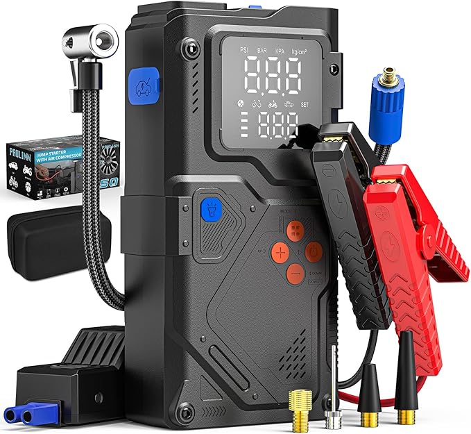 PAULINN Jump Starter with Air Compressor, 150PSI 6000A Car Jumper Starter Portable(All Gas/10L Diesel) with Tire Inflator, 12V Charger Booster