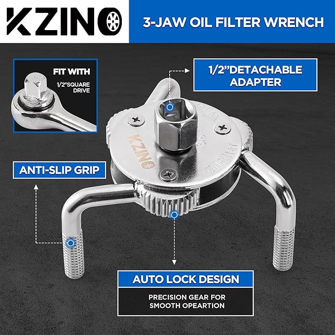 KZINO Oil Filter Removal Tool, Universal Oil Filter Wrench, Oil Filter Removal Tool Adjustable 2-1/2 to 4 inch & 3 to 5-1/2 inch, 1/2" Drive, Oil Filter Change Set (Flat & Round Set)