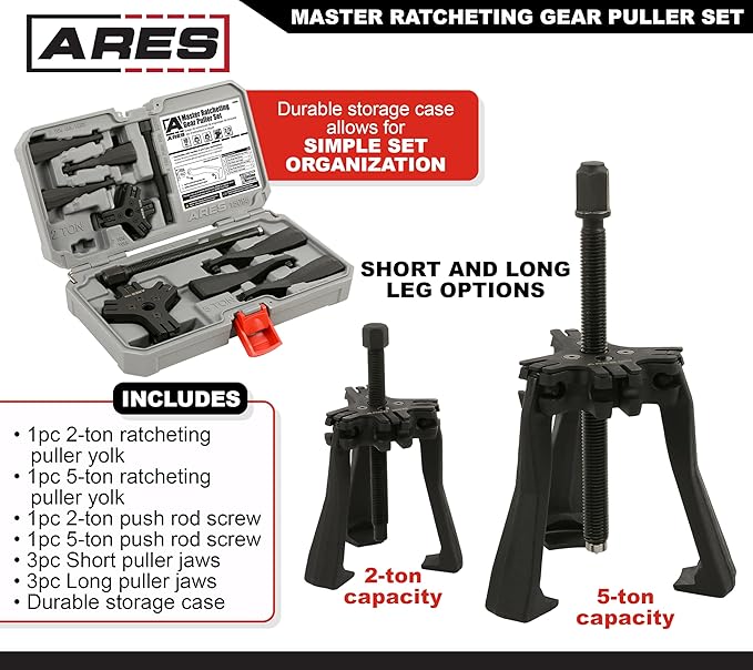 ARES 15095 – Master Ratcheting Gear Puller Set – Premium Chrome Moly Steel Gear Puller Yolk Set Includes 2-Ton and 5-Ton Units – Indexing Jaws Feature Convertible 2-Leg and 3-Leg Functionality