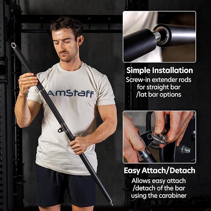 AmStaff 48" Straight Ez Curl Lat Pull Down Bar with Revolving Double Hook for Dual Pulley Cable Machines, Functional Trainer Multi-Purpose Attachment