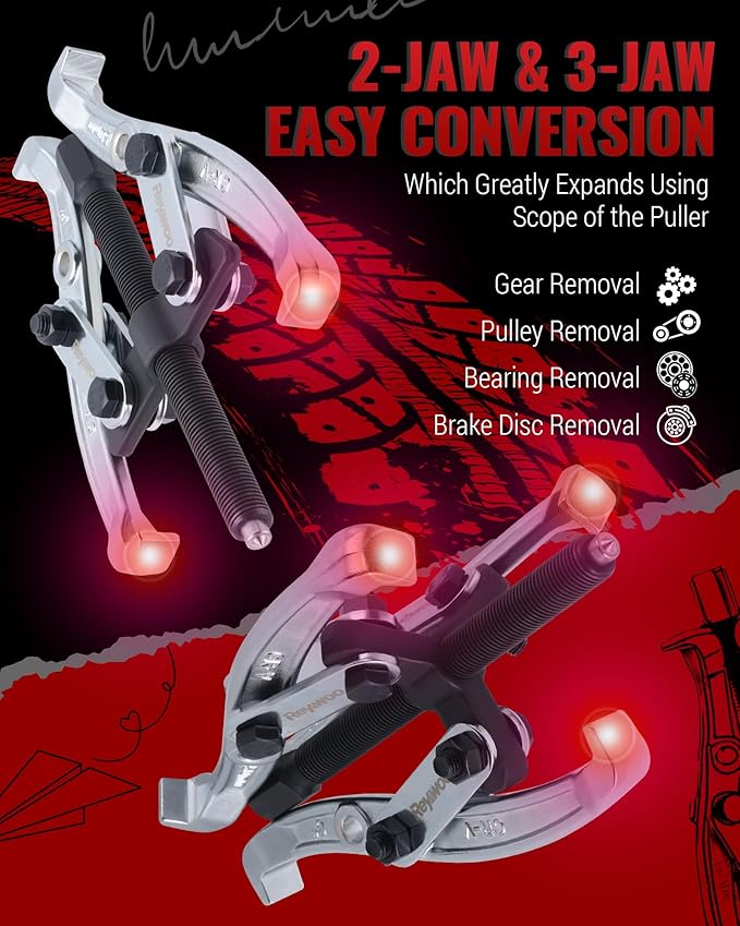 Gear Puller Set, 3" 4" 6" 8" Bearing Puller Kit for Pulley Gear Bearing Flywheel Removal, Cr-V Steel 2 Jaw & 3 Jaw Gear Puller with Reversible Jaws