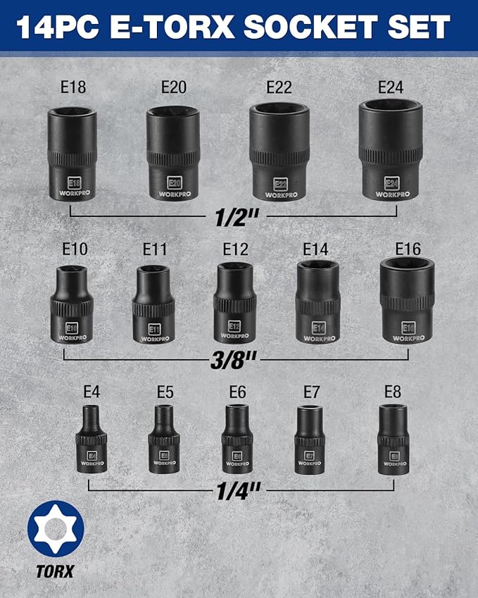 WORKPRO 17 PCS E-Torx Socket Set, Premium CR-V Female Star Sockets E4–E24, 1/4", 3/8", 1/2" Drive, Precision Inverted Torx Socket with Storage Case for Auto, Engine, and Mechanical Repair