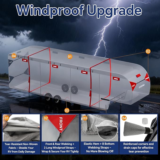 Heavy Duty 7 Layers 5th Wheel RV Cover, Camper Cover & Travel Trailer Cover 40-44ft, Waterproof Windproof All-Weather Protection with Gutter & Tongue Jack Covers Reinforced Straps - Red