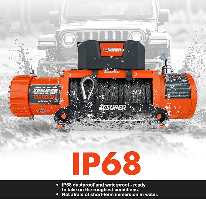 ZESUPER 12V 13000 lb Load Capacity Electric Winch Kit with Synthetic Rope, Wireless Remote and Corded Control,Waterproof IP68 Off Road Winch for Jeep,Truck,SUV
