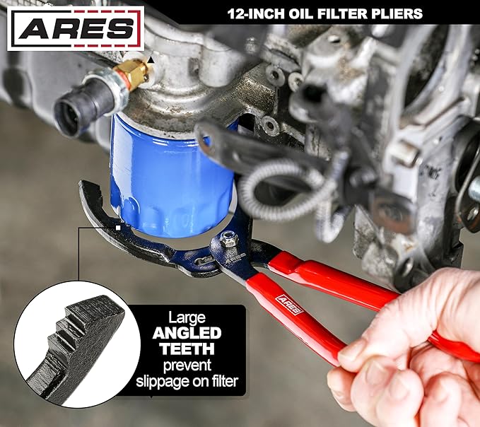 ARES 56032- Locking Jaw Oil Filter Pliers - 2 1/2-Inch to 4 1/2-Inch Jaw Opening - 12-Inch Adjustable Oil Filter Wrench Features Long Handles with Nonslip Grips and Locking Jaw Design