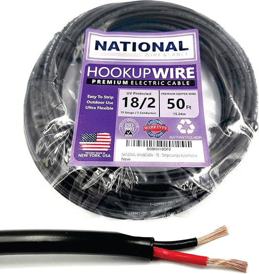 NATIONAL Wire & Cable – 18 AWG 2-Conductor Premium Copper Wire, 50 ft, Stranded | Made in USA, Flexible Jacket | LED Strips, Electronics, Low Voltage, DIY Projects, Indoor and Outdoor Use