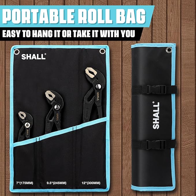 SHALL 3-Piece Groove Joint Pliers Set (12, 9-1/2, 7 Inch), Push-Lock Water Pump Pliers In Cr-v Steel, Fast Adjustable Tongue and Groove Pliers with Tool Roll Bag for Home Repair & Plumbing