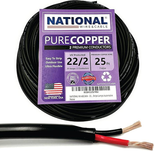 NATIONAL Wire & Cable – 22 AWG 2-Conductor Premium Copper Wire, 25 ft, Stranded | Made in USA, Flexible Jacket | Electronics, Alarms, Signal Wiring, DIY, Indoor and Outdoor Use