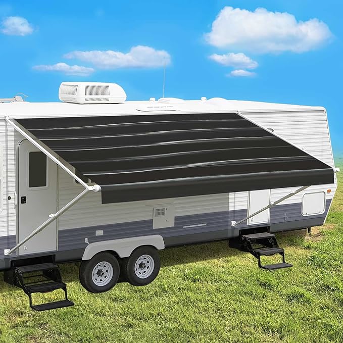 Leaveshade RV Awning Fabric Replacement Camper Trailer Awning Fabric Super Heavy Vinyl Coated Polyester 14'3''(Fit for 15' Awning)- Black Wave