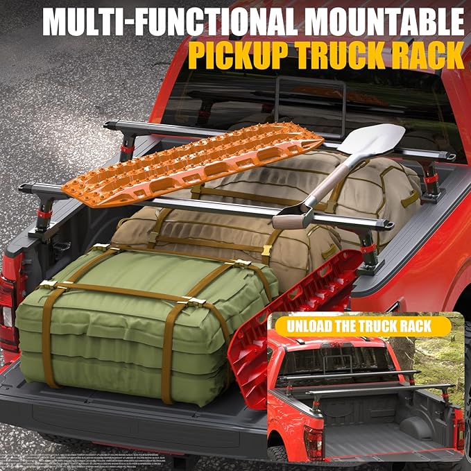 Truck Bed Rack, Adjustable Aluminum Truck Bed Ladder Rack, Heavy Duty Truck Ladder Rack Crossbar Cross Bar Extendable Heavy Duty Steel Cargo Rack for Kayak, Surfboard, Lumber,Ladder (800lbs Capacity)