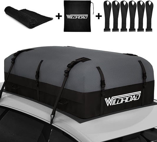 Rooftop Cargo Carrier Bag, WILDROAD 21 Cubic Feet 600D Ultra Anti-Tear Fabric Waterproof Car Roof Bag, Soft-Shell Roof Bag with Storage Bag, Anti-Slip Mat and 6 Door Hooks Fits Car with/Without Racks