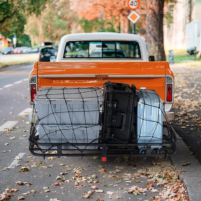 VEVOR 53 x 19 5 in Hitch Cargo Carrier, 500lb Capacity Trailer Mount Basket, Steel Luggage Carrier Rack Fits 2'' Receiver for SUV Truck Pickup with Net, Stabilizer, Straps, Black