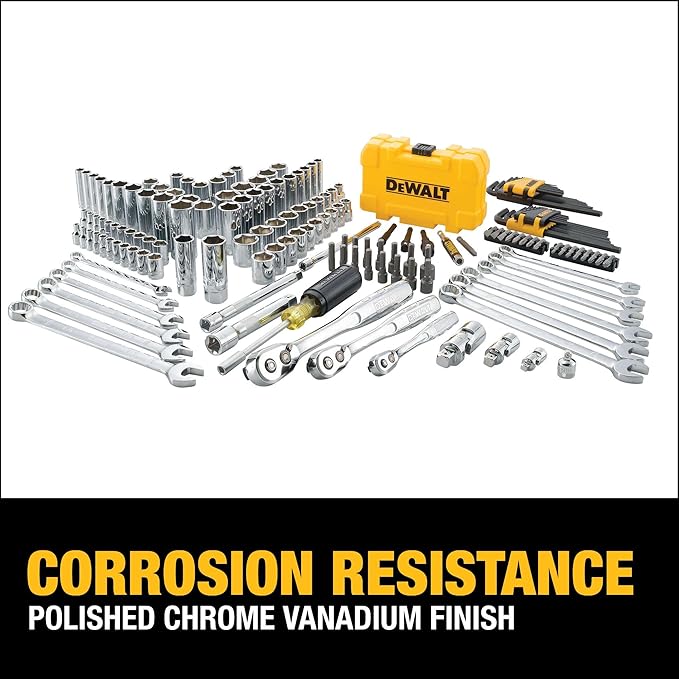 DEWALT Mechanic Tool Set with Case, Socket Set Metric and Standard Full, 1/4" & 3/8" Drive, Hex Keys and Specialty Tools, 168-Piece (DWMT73803)