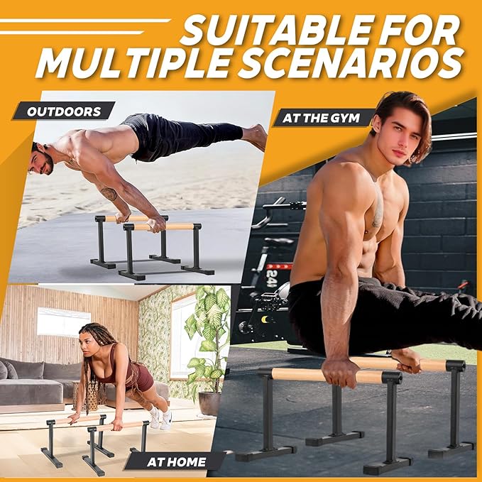 Wooden Parallel Bars 20" Length 12" Height,Dip Bar with Thick Beech Handles, Push-up stands for Handstand, L-Sit, Gymnastics, Strength Training Home Gym,Anti-slip Mats, Easy to Install,700lbs