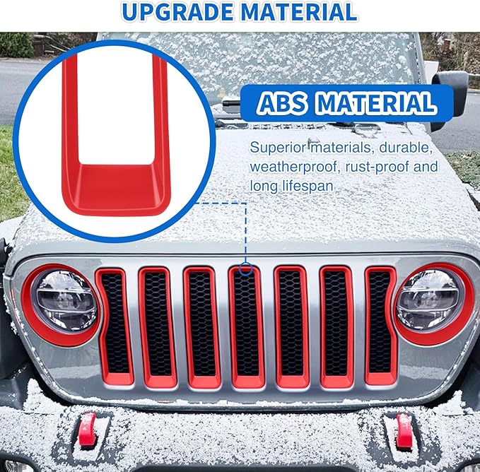 Nilight Grill Inserts fit for Jeep Wrangler Front Grille Inserts Headlight Cover Set for JL JLU Unlimited Sport SportS 2018 2019 2020 2021 2022 2023 Grille Bezels Trim Exterior Accessories Red 9 Pcs
