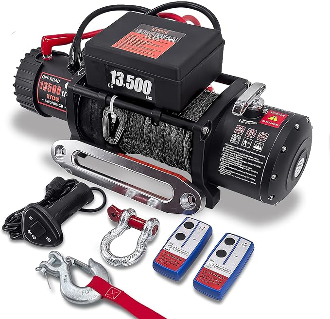 Winch13500lbs 12V Waterproof Electric Winch Synthetic Rope Electric Winch Towing Winch Boat Trailer Winch SUV 4-Wheel Drive Off-Road Vehicle with Remote Control 3/8 Synthetic Rope (Black)