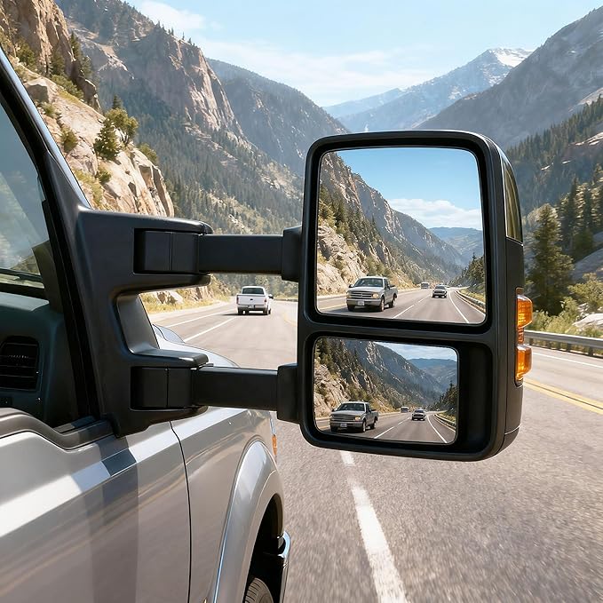 DWVO Towing Mirrors for 1999-2007 Ford F-250 F-350 F-450 F-550 Super Duty Trucks | LED Turn Signal Power Adjustable Heated Telescoping Chrome Finish