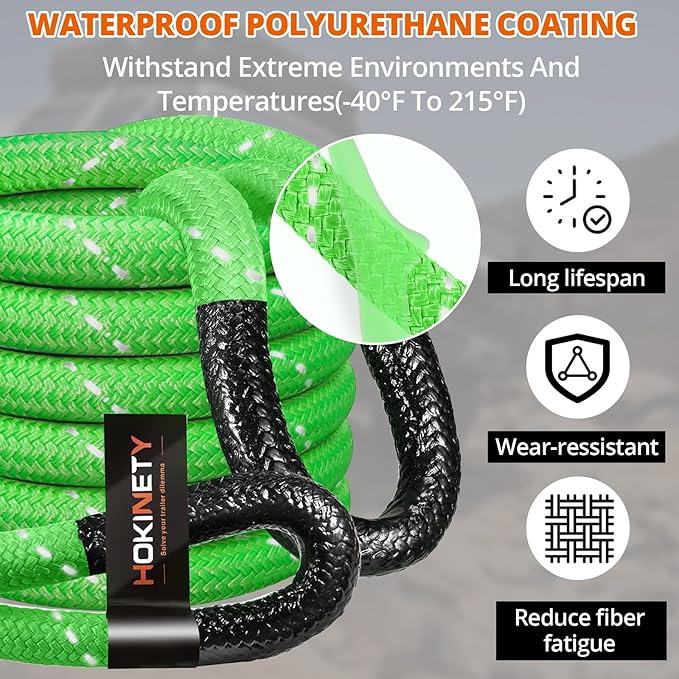 Kinetic Recovery Tow Rope: 1.26" x 30ft Reflective Snatch Strap with Soft Shackles Heavy Duty Offroad Towing Straps Kit for Trucks SUV UTV ATV Tractor Car Jeep - Neon Green