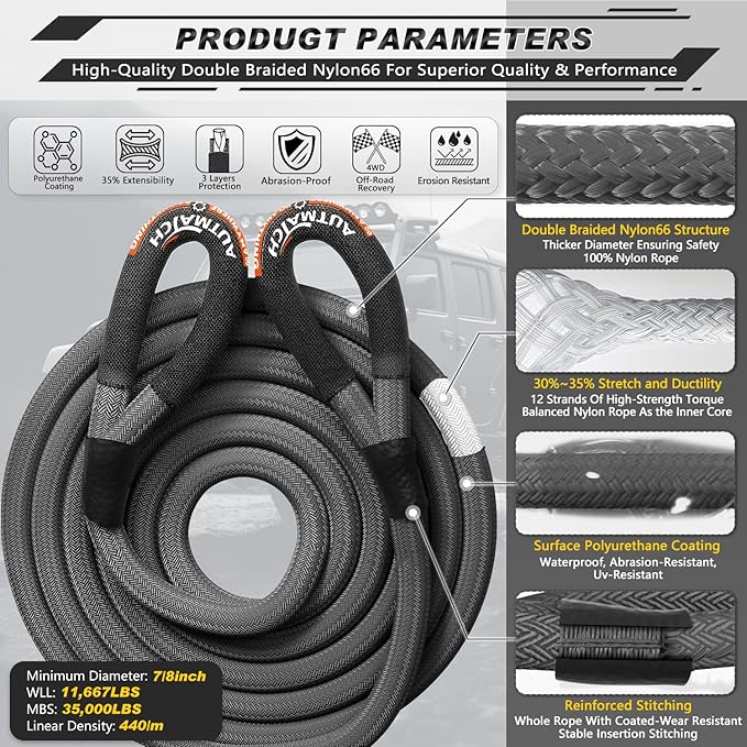 AUTMATCH Kinetic Recovery Tow Rope 7/8" x 20FT - Heavy Duty Offroad Snatch Strap 35000Lbs, 35% Elasticity Energy Recovery Tow Rope for 4x4 Off-Road Vehicle, Truck, Trailer, ATV, UTV, Gray