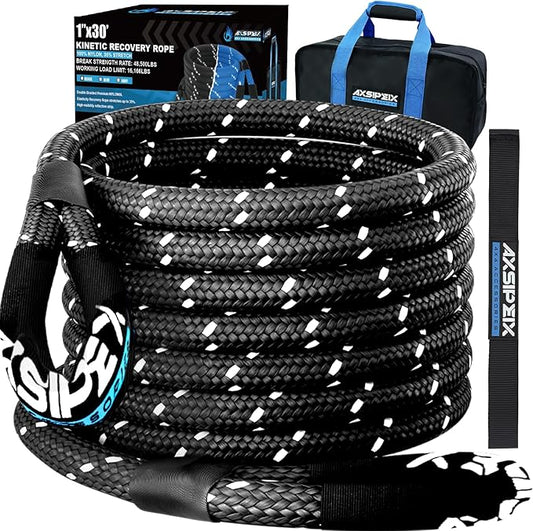 Kinetic Recovery Rope (Reflective) | 1in x 30ft 48,500Lbs Heavy Duty, 35% Elasticity Tow Rope - Offroad Snatch Strap for 4x4 Truck SUV UTV ATV Jeep