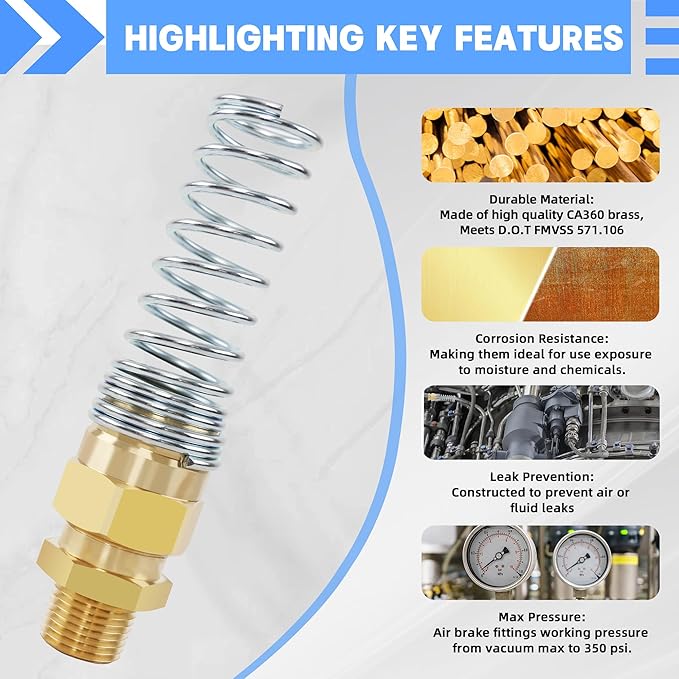 1/2” Hose x 1/2” Male Connector with Spring Guard, Dzakoot 2 Pack Air Brake Hose End Fitting with 2 Pack 1/2” Sleeve Tube