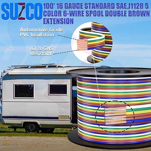 SUZCO 100Ft Enough 16AWG CCA【2-Brown-Wires】 5 Color-Coded 5-Way 6-Wire Bonded Trailer RV Camper Towing Hitch Wiriing Spool, 6-Flat Wishbone SAE J1128 for All Basic Wire Trailers