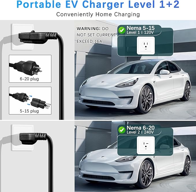 Level 1&2 EV Charger, 16Amp, Portable Charger for Home/Outdoor, 25FT Cable 110V-240V, J1772 Electric Cars, Charging Stations, Current Adjustable, NEMA 6-20 & NEMA 5-15 Adapter. Tesla Needs Adapter