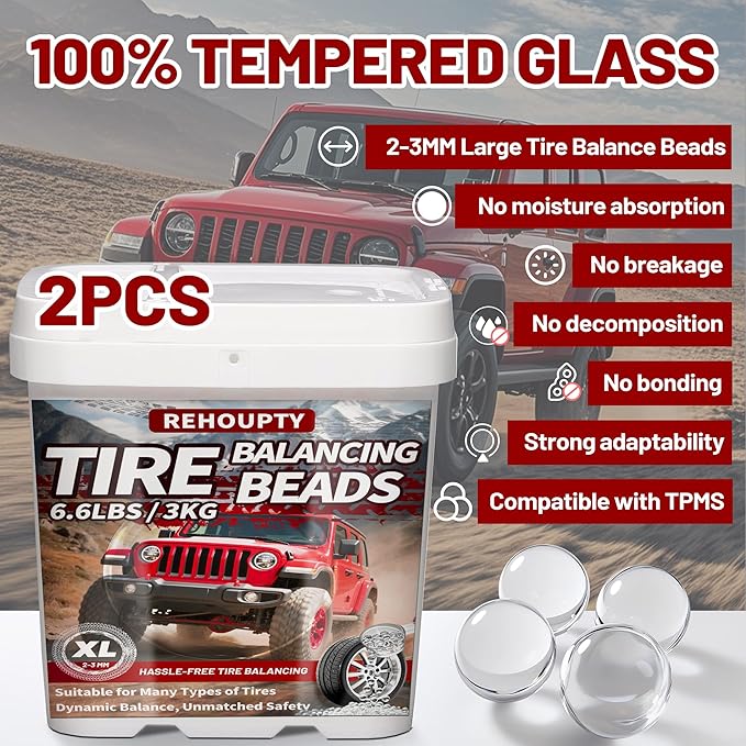 Tempered Glass Tire Balancing Beads 13.2LBS (3KG*2 Bulk Tub), Tire Balance Beads for Truck Tires, Trailers, Off-Road Vehicles & RVs - Heavy-Duty Wheel Balance Solution with Scoop Included