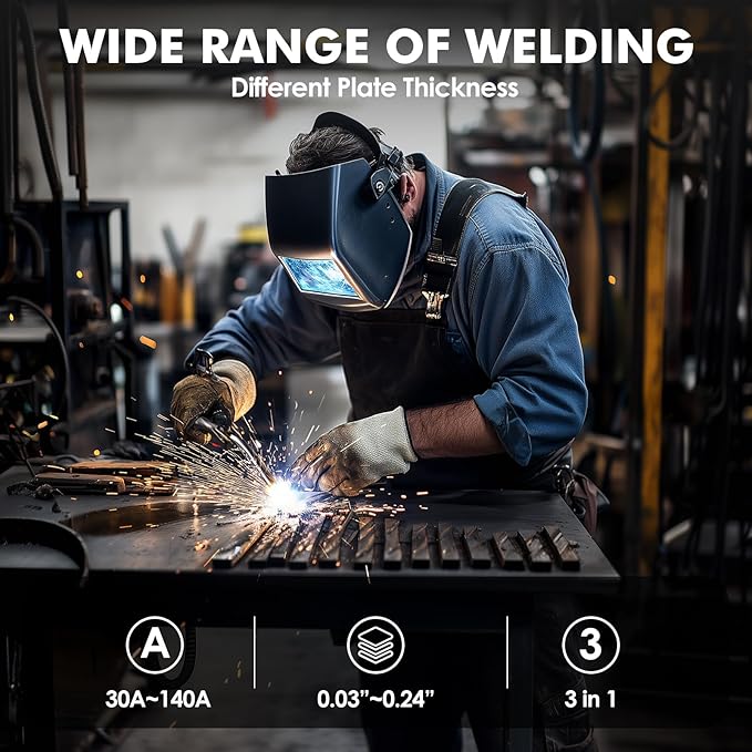 140A MIG Welder, MIGVAN 110V Flux Core MIG/Stick/Lift TIG 3 in 1 Welding Machine with Large LED Digital Display, IGBT Inverter Portable Gasless Welder with Welding Gun and Flux Core Wire