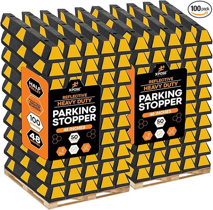 Xpose Safety 48" Heavy Duty Rubber Parking Stopper – Bulk 2 Full Pallets 100 Pack Wheel Blocks for Garage, Driveway, or Ramp – Car Bumper Stop with Yellow Reflective Strips – Removable Floor Mount