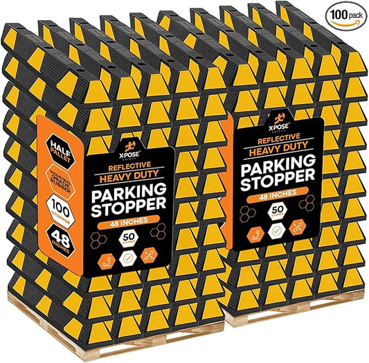 Xpose Safety 48" Heavy Duty Rubber Parking Stopper – Bulk 2 Full Pallets 100 Pack Wheel Blocks for Garage, Driveway, or Ramp – Car Bumper Stop with Yellow Reflective Strips – Removable Floor Mount