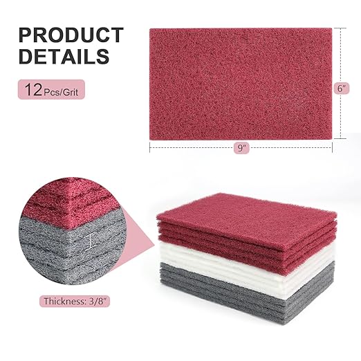 12 Scuff Pad Variety Pack, 4 Each Maroon, Gray, White, Scuffing, Scouring, Sanding, Cleaning, Blending, Paint Surface Prep Adhesion - 6" x 9" Automotive Auto Body 7447&7448&7445