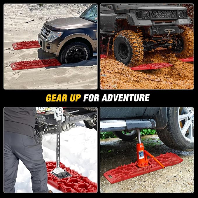 Nilight Recovery Off-road Traction Boards with Jack Lift Base Emergency Tire Ladder Mats For 4WD 4X4 Mud Sand Snow with 2PCS Mounting kit Carry Bag 2 leashes (Red)