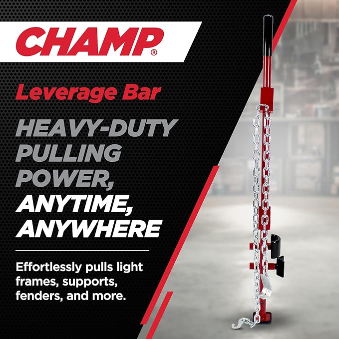 Champ Leverage Bar - 52” Alignment, Prying, and Pulling Stick with 3 Interchangeable Rubber Feet and 6 ft Chain Hook for Auto Body Frame and Panel Repair