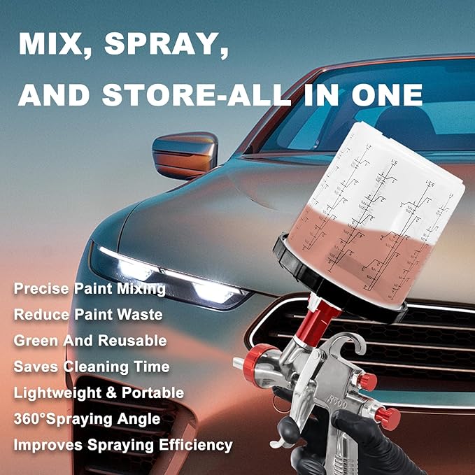 Disposable Paint Cups for Automotive Paint Gun, HVLP Paint Spray Gun Mixing Cups 20 Ounce (600ml) Kit with 15 Cups and Lids System, 1 Hard Cup with Retainer Ring, 2 Adapter, Paint Stirrer