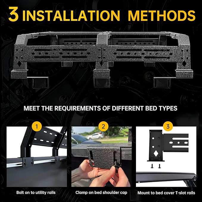 No Drill Steel Truck Bed Rack 13 Inch Overland Cargo Carrier Compatible with Fullsize & Midsize Pickup Trucks