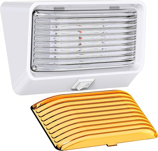 Leisure LED RV Exterior Porch Utility Light with Switch - 12v 280 Lumen Lighting Fixture. Replacement Lighting for RVs, Trailers, Campers, 5th Wheels. White Base, Clear and Amber Lens (White, 1-Pack)