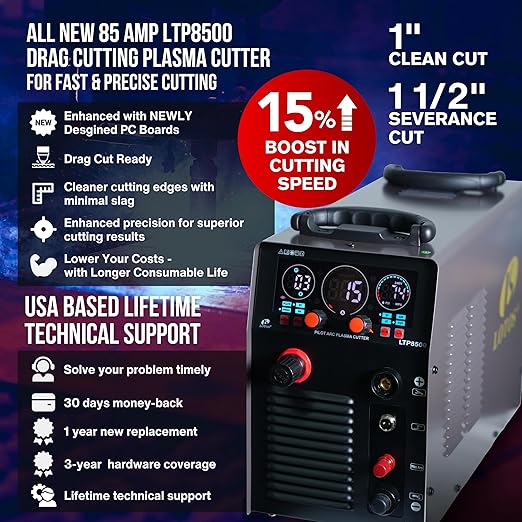 LOTOS LTP8500 85AMP Non-Touch Pilot Arc Plasma Cutter, Drag Cut Enabled, 1” 25mm Clean Cut, 1.5" 38mm Severance Cut, Metal Cut Machine, Plasma Cutting Equipment, 220V
