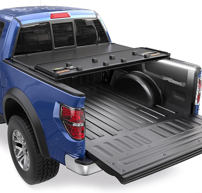 5.5 FT Hard Tri 3-Fold Truck Bed Tonneau Cover Compatible for 2015-2025 Ford F150 Styleside (Not for Flareside) 5'5" Bed 3 Fold Styleside w/Light Strip