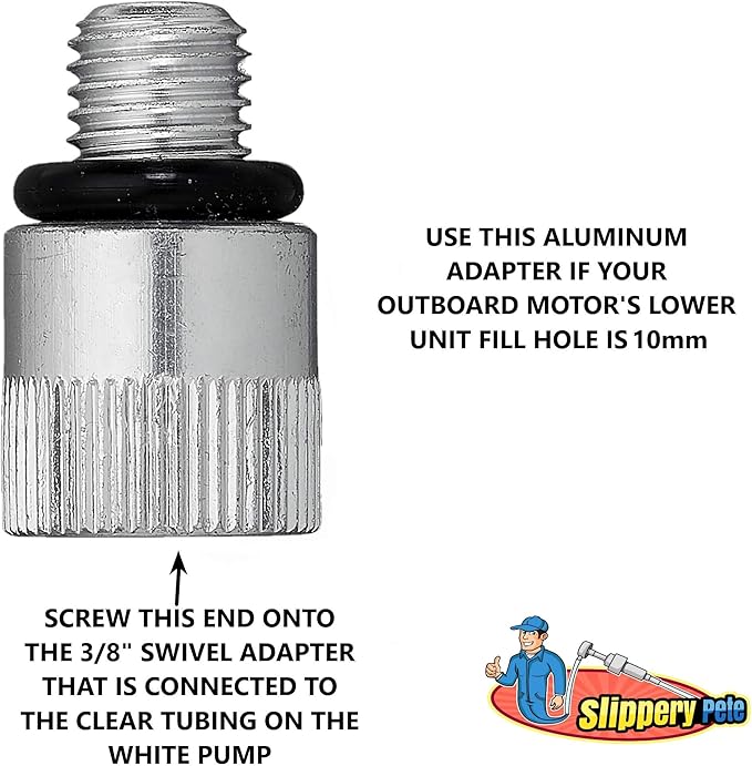 Slippery Pete - Lower Unit Gear Oil Pump for Standard Quart Bottles, Includes 3/8 inch Metal Swivel, 8mm and 10mm Adapters Fit Most Marine Boat Outboard Motors (NOT COMPATIBLE WITH VOLVO PENTA)