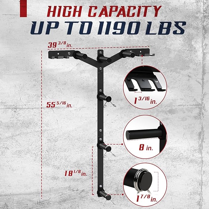Yes4All 6 Pegs & 4 Barbell Storage Racks Load Up to 1190 LBS - Wall Mounted Weight Plate Tree & Barbell Holder