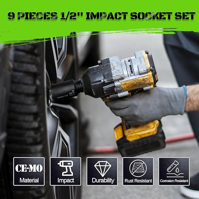 1/2" Drive Impact Socket Set, 9-Piece Metric Deep Axle Nut Sockets, 6-Point, Cr-Mo, 29mm, 30mm, 31mm, 32mm, 33mm, 34mm, 35mm, 36mm,38mm