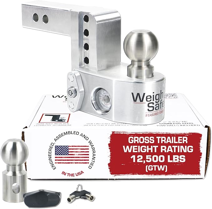 Weigh Safe Aluminum Adjustable Trailer Hitch - Towing Hitch with Built-In Tongue Weight Scale - Compatible with 2" Receivers - 4" Drop, Stainless Steel Tow Balls, 12,500 GTW, 1-Piece Lock Set