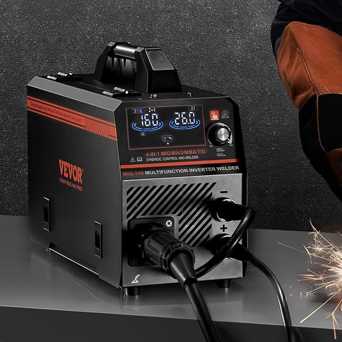 VEVOR MIG Welder, 160A Synergic Mig Welding Machine, 4-in-1 Gas MIG/Flux Core MIG/Stick/Lift TIG Multi-Process Welder Machine, 110V/220V Dual Voltage Mig Welder with IGBT Inverter & LCD Screen Display
