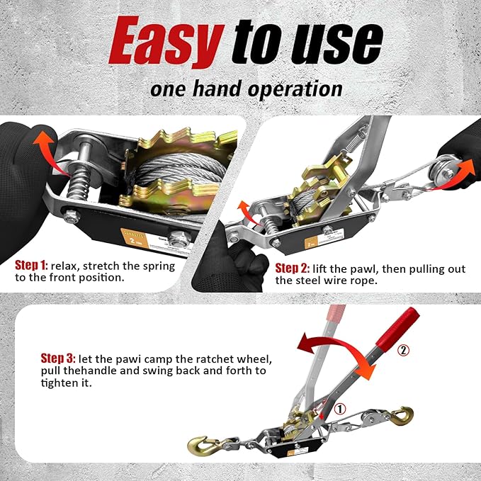 2T 10FT Come Along Winch Heavy Duty, 2 Gears Come Along Pulling Tool, Cable Winch Puller 2 Hooks, Come Along Power Puller Ratchet Tool, Manual Winch Ratchet Tool for Towing Lifting