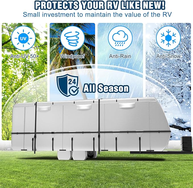 Oxford RV Cover,27-30 Ft Travel Trailer 420D Oxford Cloth,Tearproof Waterproof Windproof Camper Cover with Tongue Jack Cover,4 Tire Covers,6 Gutter Covers,3 Zippered Doors